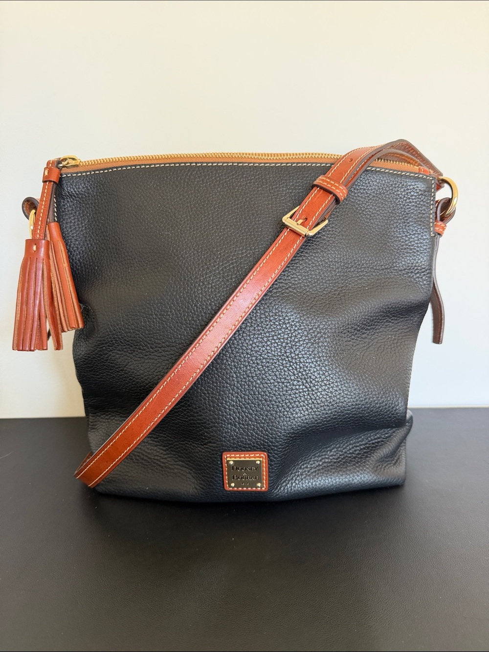 Dooney & Bourke Pebble Leather Hobo Black Brown Tassel Shoulder Bag